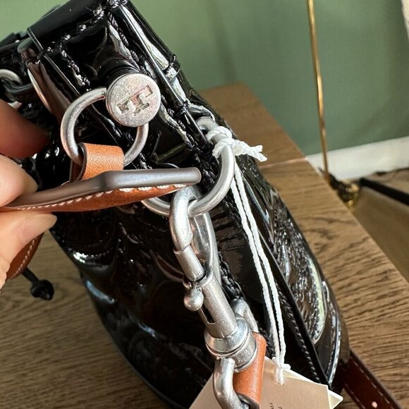 NWT! New! Tory Burch T Monogram Embroidered Patent Bucket Bag -BLACK Large - Picture 10 of 14